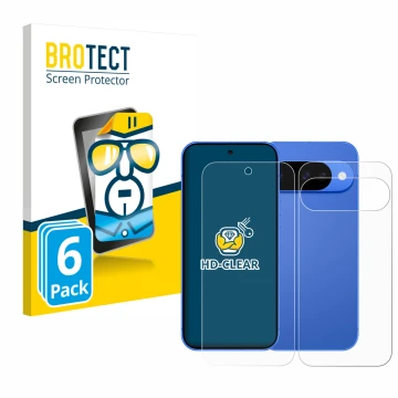 Front side of a product packaging with the brand logo BROTECT. Next to it is the device Google Pixel 10 (Front+Back) shown wit