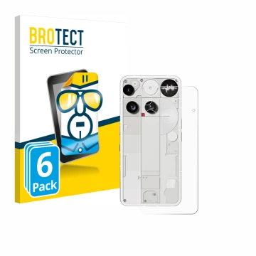 Front side of a product packaging with the brand logo BROTECT. Next to it is the device Nothing Phone (3) (Back) shown with th