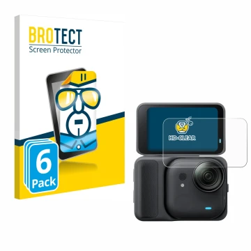 Front side of a product packaging with the brand logo BROTECT. Next to it is the device Insta360 Go Ultra shown with the corre