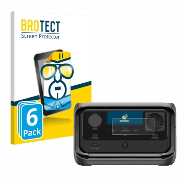 Front side of a product packaging with the brand logo BROTECT. Next to it is the device EcoFlow River 3 Plus shown with the co