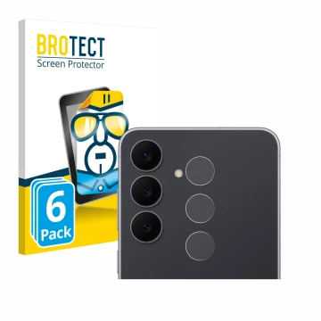 Front side of a product packaging with the brand logo BROTECT. Next to it is the device Samsung Galaxy S25 FE (ONLY Camera Len