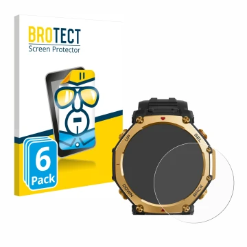 Front side of a product packaging with the brand logo BROTECT. Next to it is the device Huami Amazfit T-Rex 3 Pro (48 mm) show
