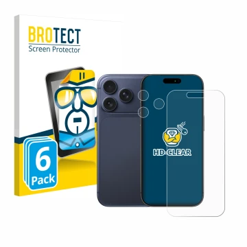 Front side of a product packaging with the brand logo BROTECT. Next to it is the device Apple iPhone 17 Pro (Front+Camera) sho