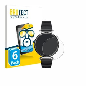 Front side of a product packaging with the brand logo BROTECT. Next to it is the device Huawei Watch GT 6 (41 mm) shown with t