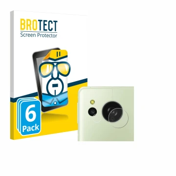 Front side of a product packaging with the brand logo BROTECT. Next to it is the device Sharp Aquos Sense 8 (ONLY Camera) show