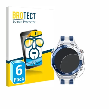 Front side of a product packaging with the brand logo BROTECT. Next to it is the device Huawei Watch Ultimate 2 Blue shown wit