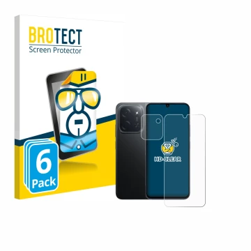 Front side of a product packaging with the brand logo BROTECT. Next to it is the device Xiaomi Poco C85 (Front+Camera) shown w