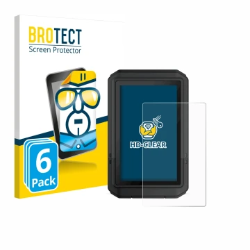 Front side of a product packaging with the brand logo BROTECT. Next to it is the device Garmin eTrex Touch 2025 shown with the
