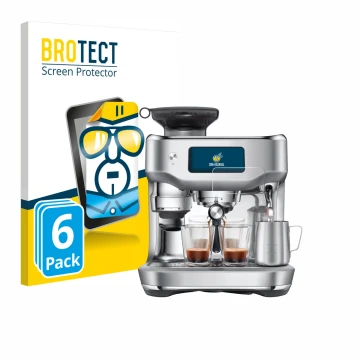 Front side of a product packaging with the brand logo BROTECT. Next to it is the device Sage the Oracle Dual Boiler shown with