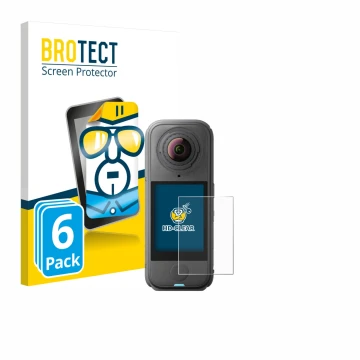 Front side of a product packaging with the brand logo BROTECT. Next to it is the device Insta360 X4 Air shown with the corresp