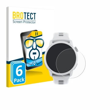 Front side of a product packaging with the brand logo BROTECT. Next to it is the device Coros Pace 4 shown with the correspond