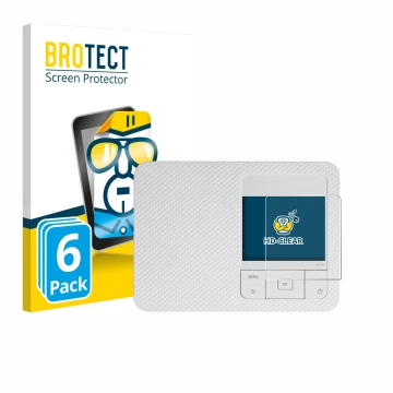 Front side of a product packaging with the brand logo BROTECT. Next to it is the device Canon Selphy CP1500 Mini shown with th