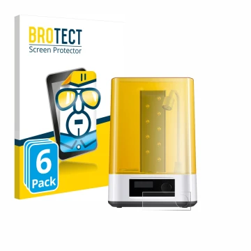 Front side of a product packaging with the brand logo BROTECT. Next to it is the device Anycubic Wash & Cure 3 shown with the 