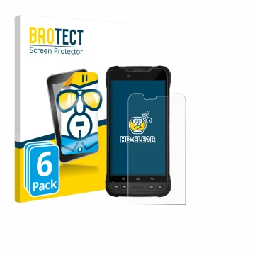 Front side of a product packaging with the brand logo BROTECT. Next to it is the device Zebra Xplore M60 shown with the corres