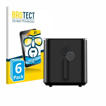 Front side of a product packaging with the brand logo BROTECT. Next to it is the device Xiaomi Air Fryer 6.5 L shown with the 