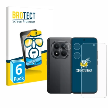 Front side of a product packaging with the brand logo BROTECT. Next to it is the device Xiaomi Poco M8 Pro (Front+Camera) show