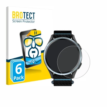 Front side of a product packaging with the brand logo BROTECT. Next to it is the device Garmin Approach J1 shown with the corr