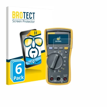 Front side of a product packaging with the brand logo BROTECT. Next to it is the device Fluke 115 shown with the corresponding