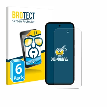 Front side of a product packaging with the brand logo BROTECT. Next to it is the device Google Pixel 10a shown with the corres