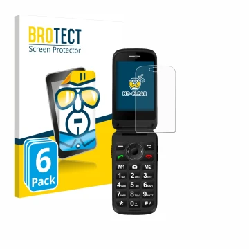 Front side of a product packaging with the brand logo BROTECT. Next to it is the device Simvalley Mobile XL-970 shown with the
