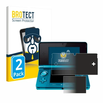 Front side of a product packaging with the brand logo BROTECT. Next to it is the device Nintendo 3DS shown with the correspond