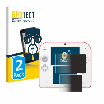 Front side of a product packaging with the brand logo BROTECT. Next to it is the device Nintendo 2DS shown with the correspond