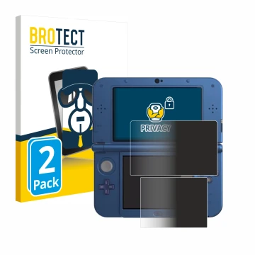 Front side of a product packaging with the brand logo BROTECT. Next to it is the device Nintendo New 3DS XL shown with the cor