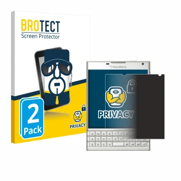 Front side of a product packaging with the brand logo BROTECT. Next to it is the device BlackBerry Passport shown with the cor