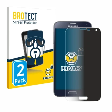 Front side of a product packaging with the brand logo BROTECT. Next to it is the device Samsung Galaxy S5 Neo shown with the c