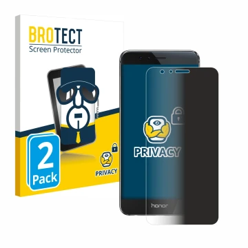 Front side of a product packaging with the brand logo BROTECT. Next to it is the device Honor 8 shown with the corresponding s