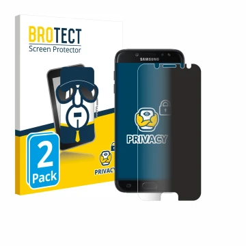 Front side of a product packaging with the brand logo BROTECT. Next to it is the device Samsung Galaxy J7 Pro shown with the c