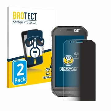 Front side of a product packaging with the brand logo BROTECT. Next to it is the device Caterpillar Cat S31 shown with the cor