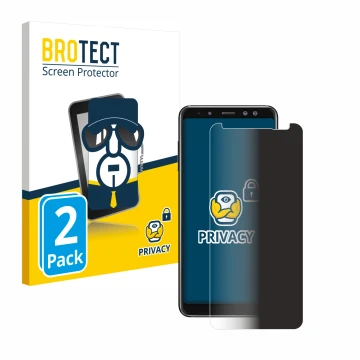 Front side of a product packaging with the brand logo BROTECT. Next to it is the device Samsung Galaxy A8 2018 shown with the 