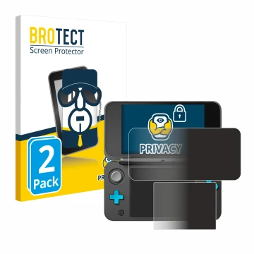 Front side of a product packaging with the brand logo BROTECT. Next to it is the device New Nintendo 2DS XL shown with the cor
