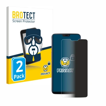 Front side of a product packaging with the brand logo BROTECT. Next to it is the device OnePlus 6 shown with the corresponding