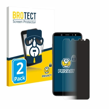 Front side of a product packaging with the brand logo BROTECT. Next to it is the device Samsung Galaxy A6 2018 shown with the 