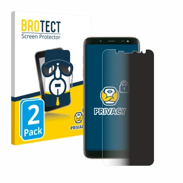 Front side of a product packaging with the brand logo BROTECT. Next to it is the device Samsung Galaxy J6 2018 shown with the 