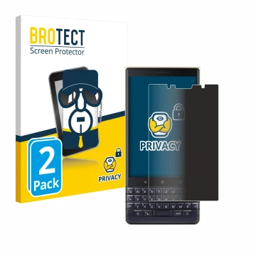 Front side of a product packaging with the brand logo BROTECT. Next to it is the device BlackBerry Key2 LE shown with the corr