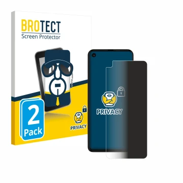 Front side of a product packaging with the brand logo BROTECT. Next to it is the device Motorola One Action shown with the cor