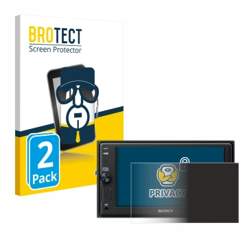 Front side of a product packaging with the brand logo BROTECT. Next to it is the device Sony XAV-AX1005DB shown with the corre