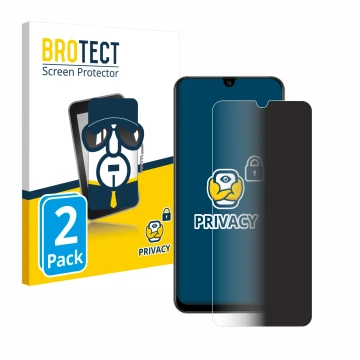 Front side of a product packaging with the brand logo BROTECT. Next to it is the device Samsung Galaxy A50s shown with the cor