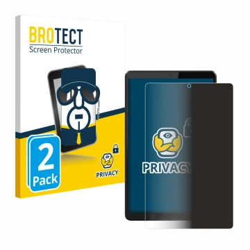 Front side of a product packaging with the brand logo BROTECT. Next to it is the device Lenovo Tab M8 shown with the correspon