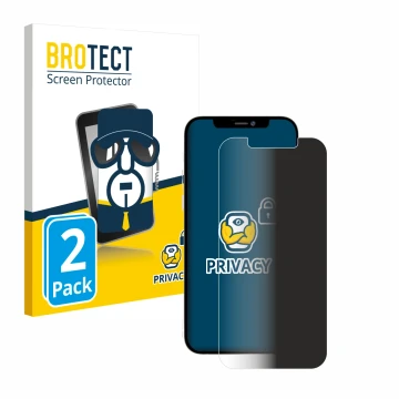 Front side of a product packaging with the brand logo BROTECT. Next to it is the device Apple iPhone 12 Pro Max shown with the