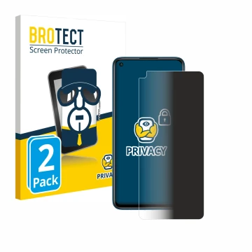 Front side of a product packaging with the brand logo BROTECT. Next to it is the device Xiaomi Redmi Note 9 shown with the cor