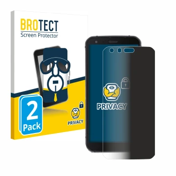 Front side of a product packaging with the brand logo BROTECT. Next to it is the device Caterpillar Cat S62 Pro shown with the