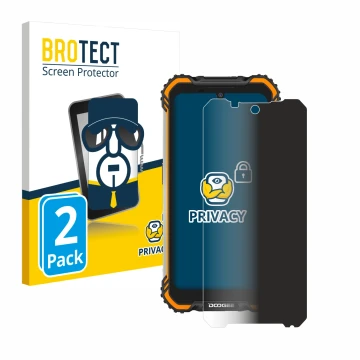 Front side of a product packaging with the brand logo BROTECT. Next to it is the device Doogee S58 Pro shown with the correspo