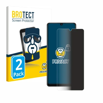 Front side of a product packaging with the brand logo BROTECT. Next to it is the device Samsung Galaxy A42 5G shown with the c