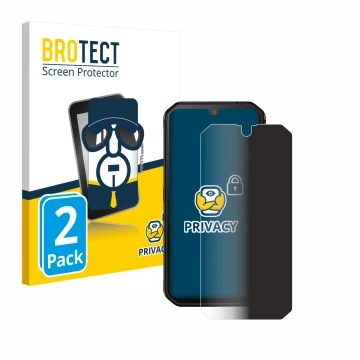 Front side of a product packaging with the brand logo BROTECT. Next to it is the device Blackview BV9900E shown with the corre