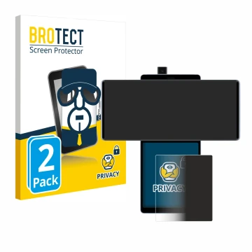 Front side of a product packaging with the brand logo BROTECT. Next to it is the device LG Wing (Back display) shown with the 