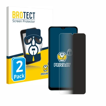 Front side of a product packaging with the brand logo BROTECT. Next to it is the device Samsung Galaxy A12 shown with the corr